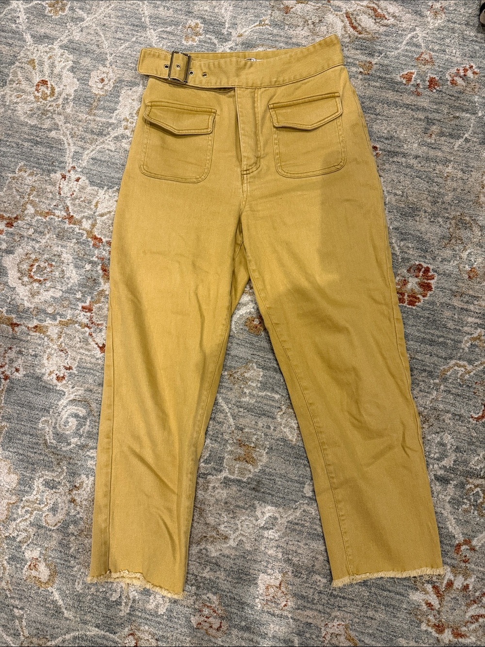 High-Waist Ankle Crop Pants in Mustard with Belt